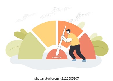 Empleado cansado que reduce el nivel de estrés y la presión de sobrecarga. Persona que mide la tensión, reacción y emociones negativas en la ilustración vectorial plana de la escala del velocímetro. Concepto de productividad empresarial