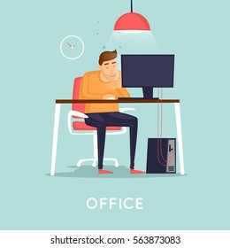 Tired employee sitting at a desk in the office. Flat vector illustration in cartoon style.