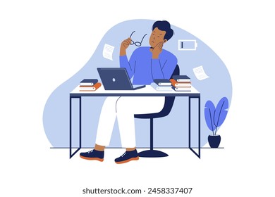 Tired employee sitting at work. Flat vector illustration