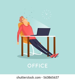 Tired employee sleeping in the office. Flat vector illustration in cartoon style. 