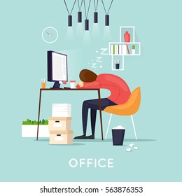 Tired Employee Sleeping In The Office. Flat Vector Illustration In Cartoon Style.