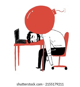 Tired employee sleeping in the office. Hand drawn Vector Illustration doodle style.