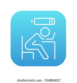 Tired employee sleeping on workplace on laptop keyboard with low power battery sign over his head line icon for web, mobile and infographics. Vector white icon on the blue gradient square with rounded