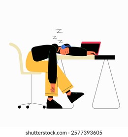 Tired Employee Sleeping At Work Desk In Flat Vector Illustration Symbolizing Burnout, Overwork, And Exhaustion, Isolated On White Background