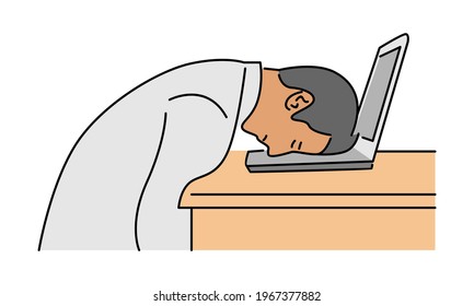 Tired employee sleeping at workplace on laptop keyboard