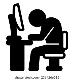 Tired employee solid icon, officesyndrome concept, tired employee vector sign on white background, man at monitor glyph style for mobile concept and web design. Vector graphics