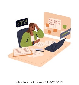 Tired employee staying at work in office, hurrying to meet deadline. Busy woman overworking late at night to be in time. Working overtime concept. Flat vector illustration isolated on white background