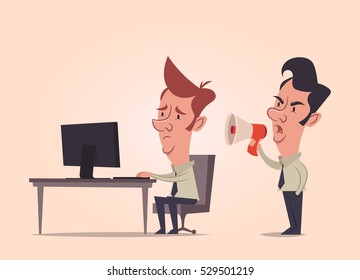 Tired Employee Working Hard. Angry Boss Screaming. Vector Illustration