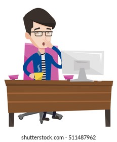 Tired employee yawning while working in office. Exhausted young employee yawning. Sleepy employee drinking coffee at work in office. Vector flat design illustration isolated on white background.