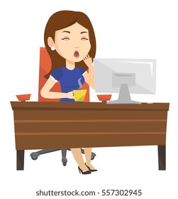 Tired employee yawning while working in office. Exhausted young employee yawning. Sleepy employee drinking coffee at work in office. Vector flat design illustration isolated on white background.