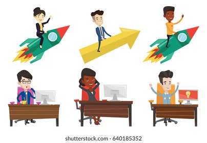Tired employee yawning while working in office. Exhausted employee yawning. Sleepy employee drinking coffee at work in office. Set of vector flat design illustrations isolated on white background.