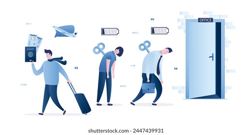 Tired employees with low battery go to work, corporate slavery. Happy man with luggage and tickets rushing on vacation. Confident freelancer and unhappy office workers. Businessmen with empty battery.