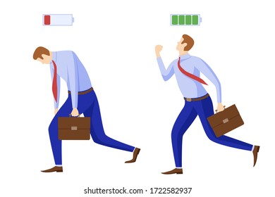 Tired energetic businessman with battery symbol. First charged to work and then discharged all forces of man with indication clipart power vector charge above his head.