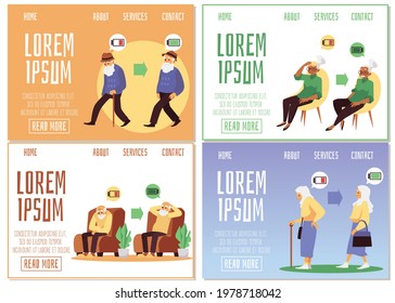 Tired and energetic old people. Elderly male and female characters with low and high energy level on battery charge indicator. Flat cartoon vector illustrations. Design for web.