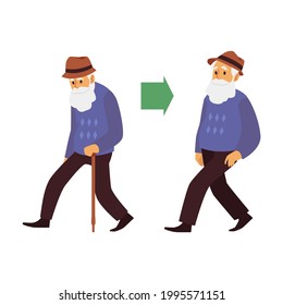 Tired and energy elderly man. An aged male character walking around in a cheerful and exhausted state. Flat cartoon vector illustration isolated on white.