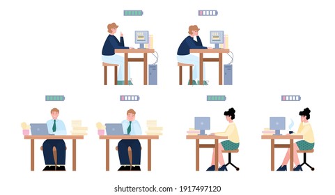 Tired and energy people. Bored and cheerful office employees. Battery icon with an indicator showing low and high energy levels of cartoon characters. Flat vector illustrations.