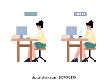 Tired and energy working woman, bored and cheerful office female employee with battery indicator showing low and high energy levels. Flat vector illustration isolated on white.