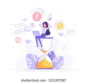 Tired and exasperated business woman is sitting on an hourglass and grabbed his head with business process icons and infographics on background. Stress in the office. Rush work. Deadline. Vector.