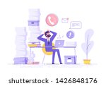 Tired and exasperated office worker is grabbed his head among piles of papers and documents. Stress in the office. Rush work. Modern vector illustration.