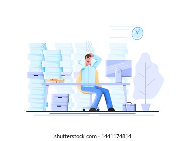 Tired and exasperated office worker is grabbed his head among piles of papers and documents. Stress in the office. Modern vector illustration. - Vector