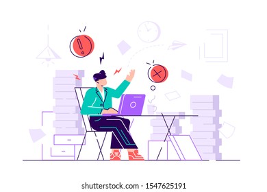 Tired and exasperated office worker is grabbed his head among piles of papers and documents. Stress in the office. Rush work. Flat style modern design vector illustration for web page, cards, poster
