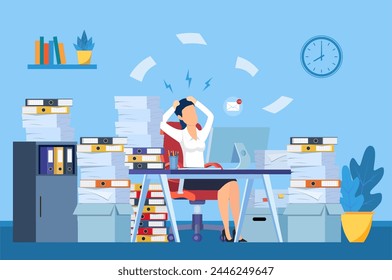 Tired and exasperated office worker is grabbed his head among piles of papers and documents. Stress in the office. Rush work. Vector illustration in flat style