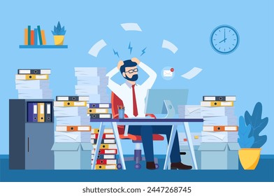 Tired and exasperated office worker is grabbed his head among piles of papers and documents. Stress in the office. Rush work. Vector illustration in flat style