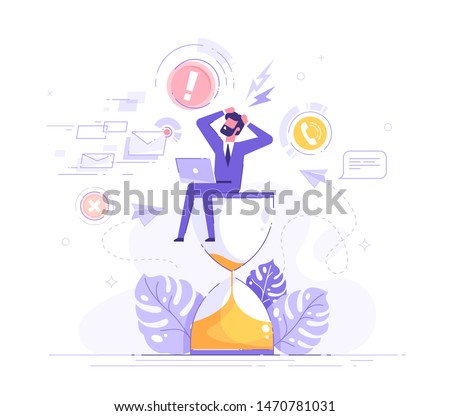 Tired and exasperated office worker is sitting on an hourglass and grabbed his head with business process icons and infographics on background. Stress in the office. Rush work. Deadline. Vector.