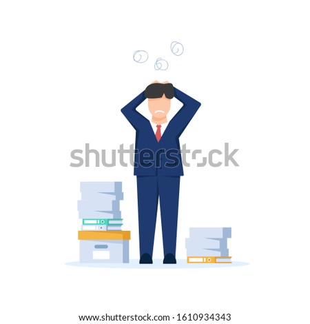 Tired and exasperated office worker,lot of work, Rush work. Flat style modern design