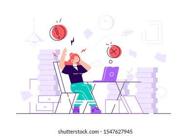 Tired and exasperated woman office worker is grabbed his head among piles of papers and documents. Stress in the office. Rush work. Flat style modern design vector illustration for web page, cards