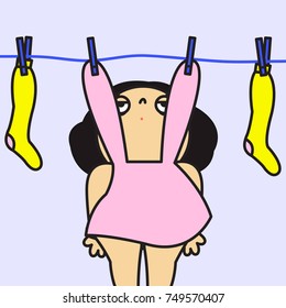 Tired Exhaused Girl Hanging Herself And Clothes To Dry On Washing Line Concept Card Character illustration