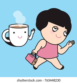 Tired Exhausted Asian Worker Girl Saying Good Bye And See You Tomorrow To Her Cup Of Coffee Concept Card Character illustration