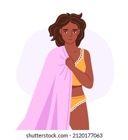 Tired exhausted black woman holding blanket, suffering from insomnia, drowsiness. Sleepy hand drawn character. Low energy. Vector flat isolated illustration.