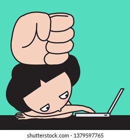 Tired Exhausted Boring Asian Girl Was Pressed By A Clenched Fist While Working On Computer At Office. Concept Card Character illustration