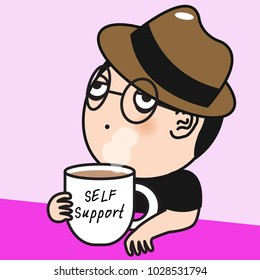 Tired Exhausted Boy Holding A A Big Size Cup Of Coffee With Self Support Word On It Concept  Card Character illustration