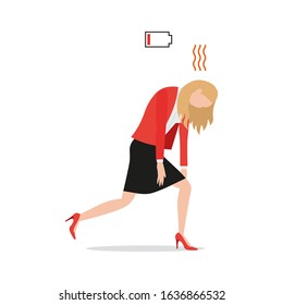 Tired exhausted businesswoman with red low battery charge icon, flat style vector illustration, overworked overwhelmed female entrepreneur executive going at work