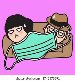 Tired Exhausted Couple Cover Themselves With Giant Medical Face Mask While Relaxing In Sofa. Health Care Concept Card Character illustration