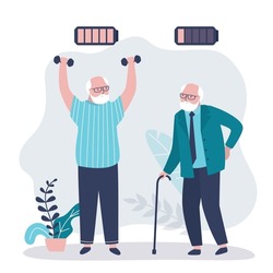 Tired and exhausted elderly man with cane. Old male character doing exercises with dumbbells. Grandfather with full battery leads active life. Unhappy grandpa with low charge. Flat vector illustration