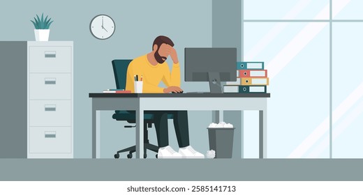 Tired exhausted employee sitting at the office desk, he is unhappy and stressed, job burnout and crisis concept