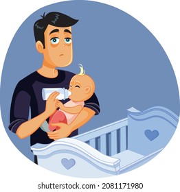 Tired Exhausted Father Feeding Little Newborn Baby Vector Cartoon. Hungry Newborn Waking Up His Dad For A Night Feed Session
