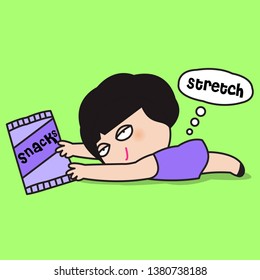 Tired Exhausted Funny Girl Laying Down While Trying To Exercise Or Stretching Hands With A Bag Of Snacks Concept Card Character illustration