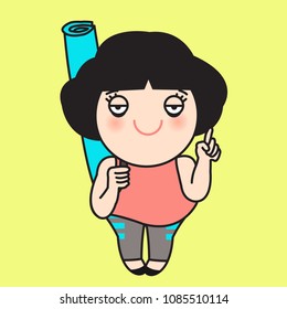 Tired Exhausted Girl Acts Pointing Finger Let's Go To Yoga Concept Card Character illustration