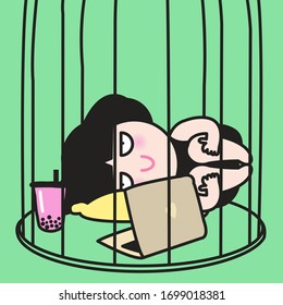 Tired Exhausted Girl In Cage. Woman With Seriously Isolated Herself To Protect, Prevent And Slowing down the Spreading of a Virus. Quarantine Mood And Life Concept Card Character illustration 