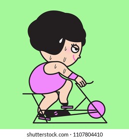 Tired Exhausted Girl Exercising On An Exercise Bike Or Indoor Cycling In The Gym. Concept Of Doing Workouts For Burning The Most Calories Card Character illustration