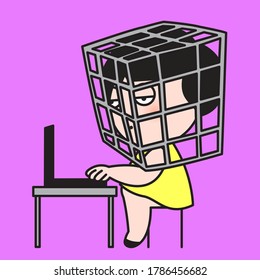 A Tired Exhausted Girl With A Head In Cage While Working On Laptop Concept Card Character illustration