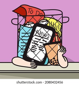 Tired Exhausted Girl With Her Junk Thoughts In Trash Concept Card Character illustration