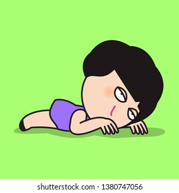 Tired Exhausted Girl Laying Down On Neon Green Background Concept Card Character illustration