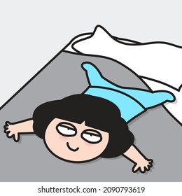 Tired Exhausted Girl is Lying Flat On Bed Concept Card Character illustration