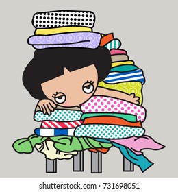 Tired Exhausted Girl With Too Many Clothes. Her Chair Has No Space Left Concept Card Character illustration