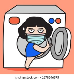 Tired Exhausted Girl With Medical Face mask Cleaning Herself By Getting In Washing Machine. Woman Preparing Against A Global Spreading Virus Concept Card Character illustration